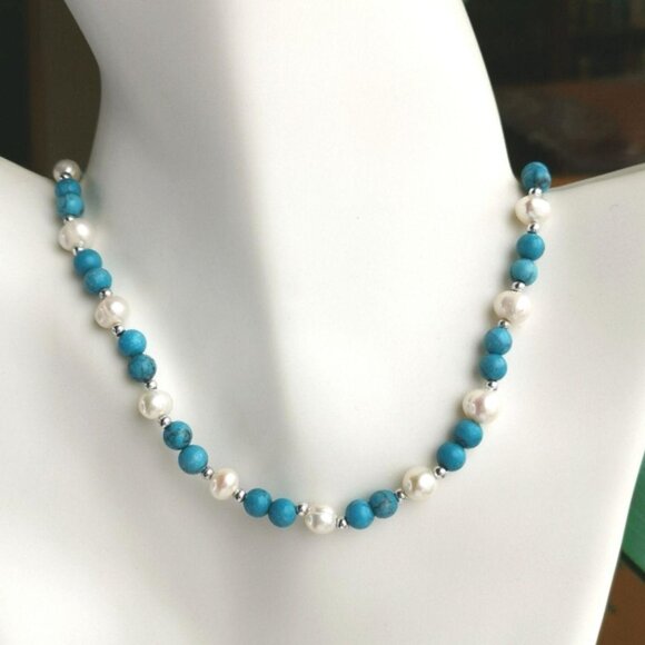 Turquoise White Freshwater Pearl Necklace 🆕 - Picture 1 of 7